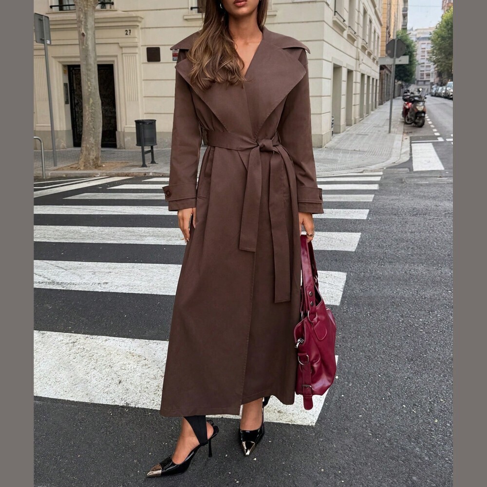 Chocolate Brown Oversized Technical Trench Coat with Belted Waist